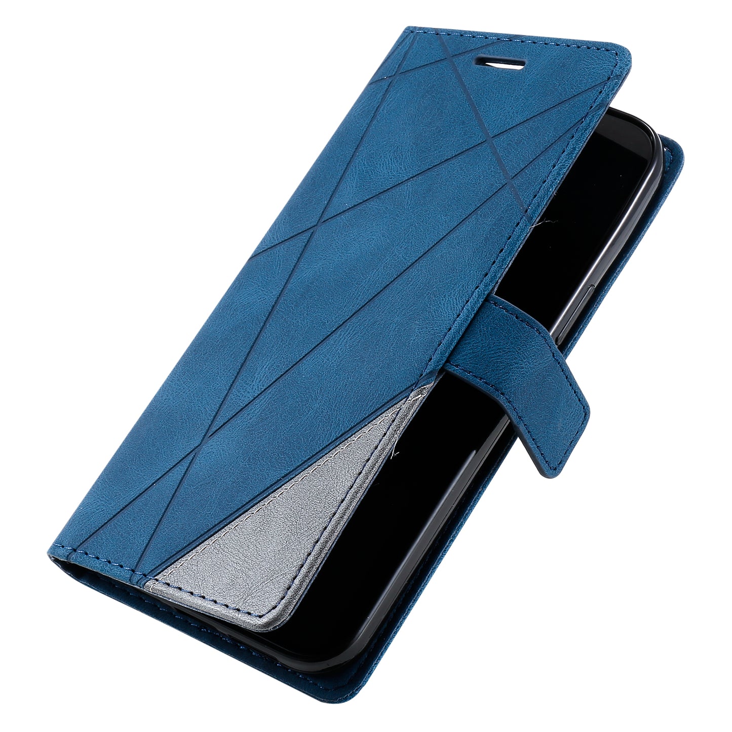 For Samsung Galaxy A06 Case Imprinted Lines PU Leather Splicing Wallet Phone Cover - Blue