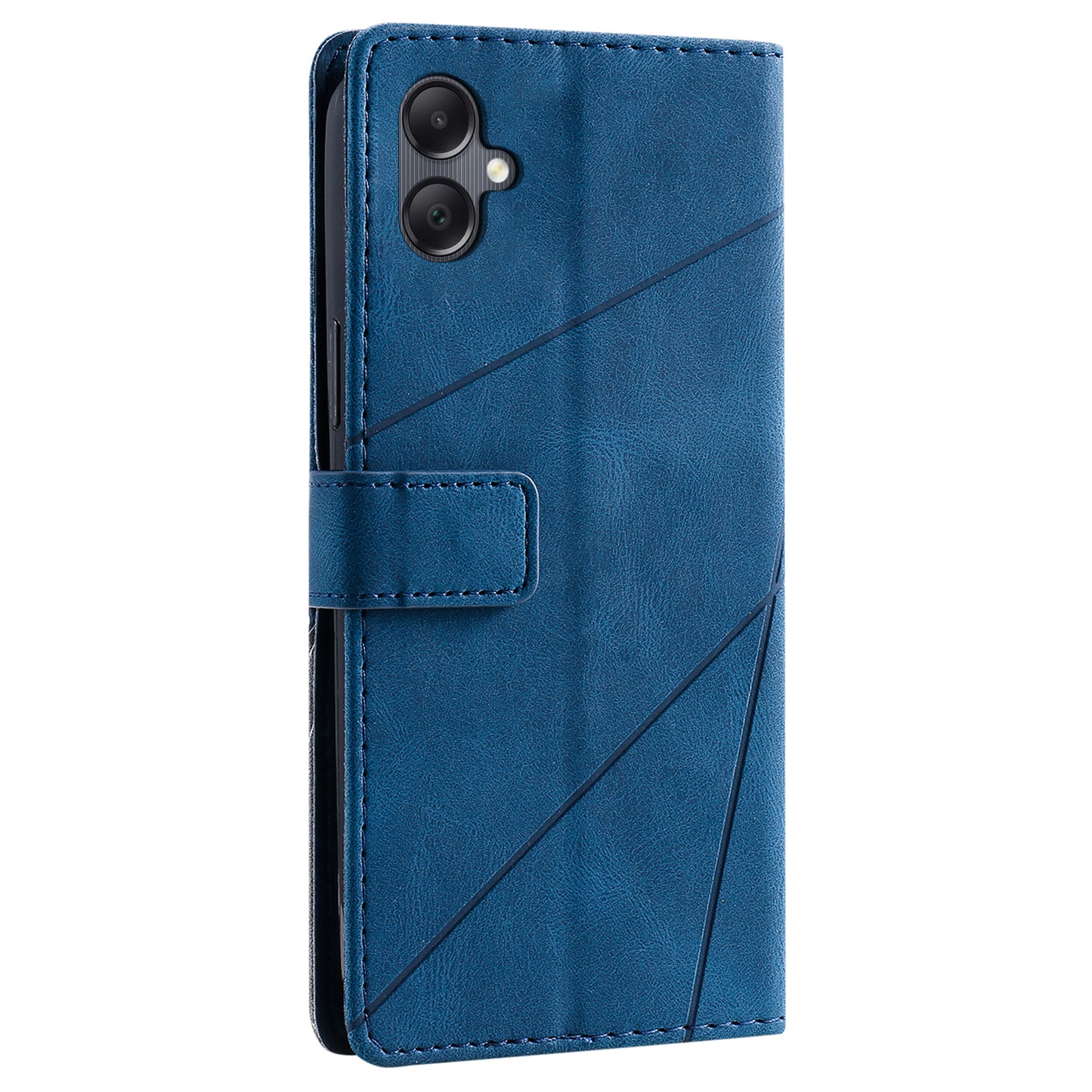 For Samsung Galaxy A06 Case Imprinted Lines PU Leather Splicing Wallet Phone Cover - Blue