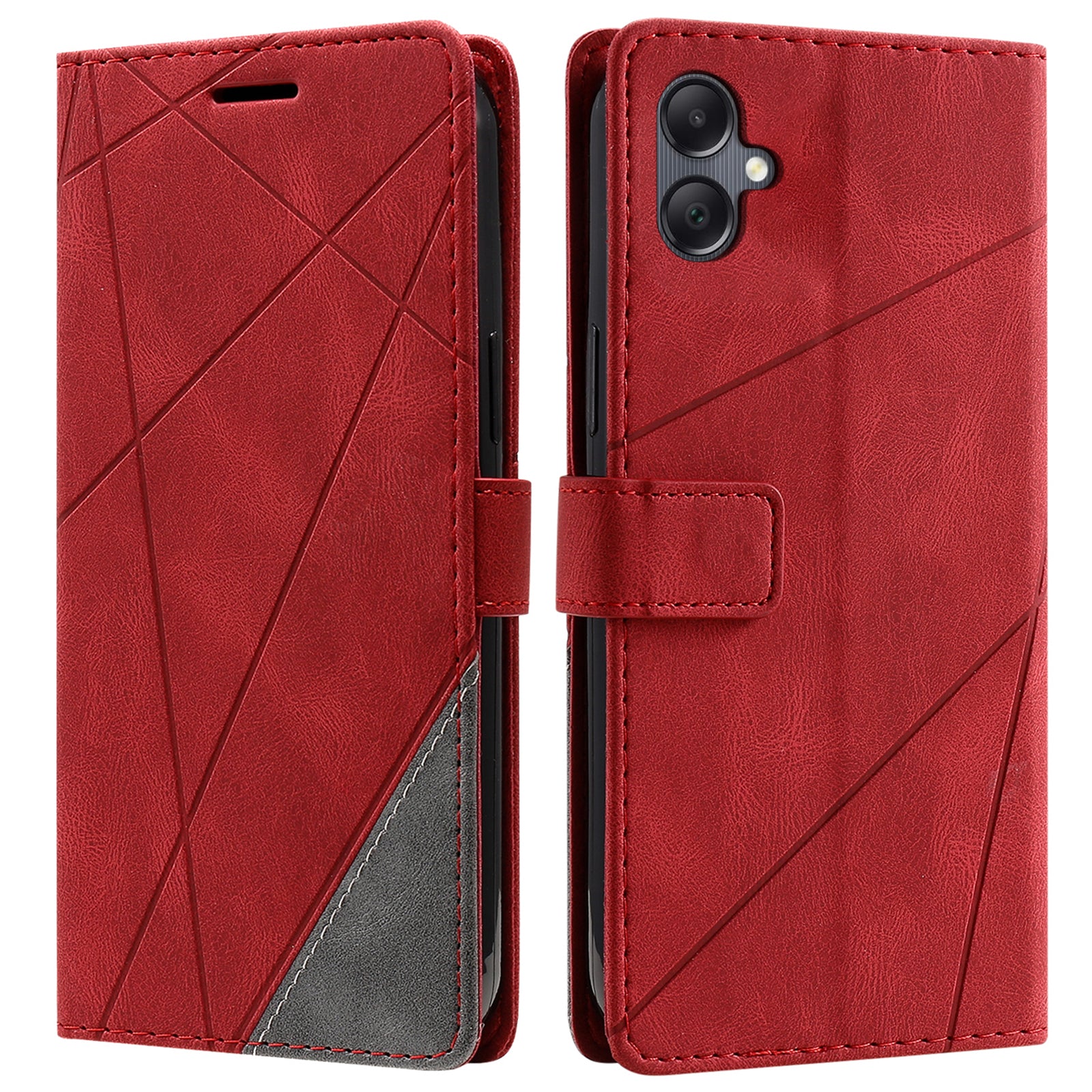 For Samsung Galaxy A06 Case Imprinted Lines PU Leather Splicing Wallet Phone Cover - Red