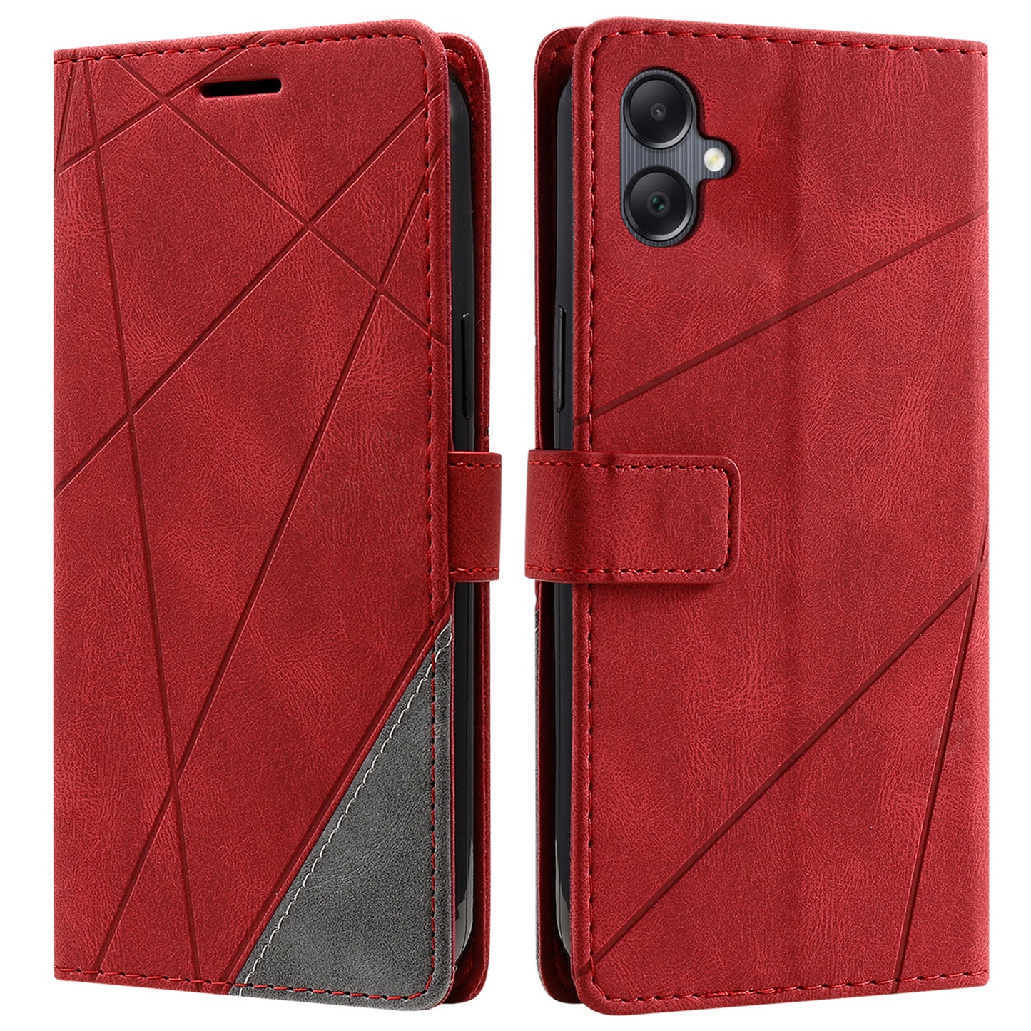 For Samsung Galaxy A06 Case Imprinted Lines PU Leather Splicing Wallet Phone Cover - Red