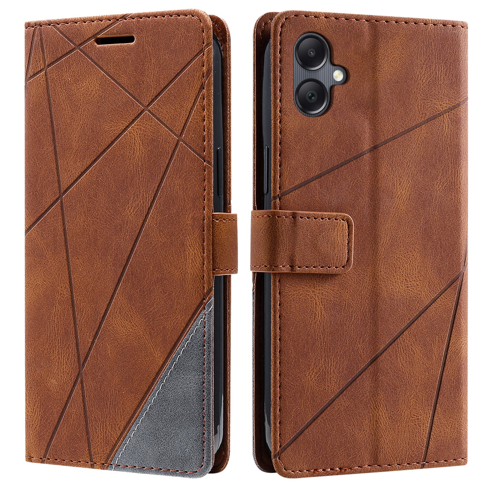 For Samsung Galaxy A06 Case Imprinted Lines PU Leather Splicing Wallet Phone Cover - Brown