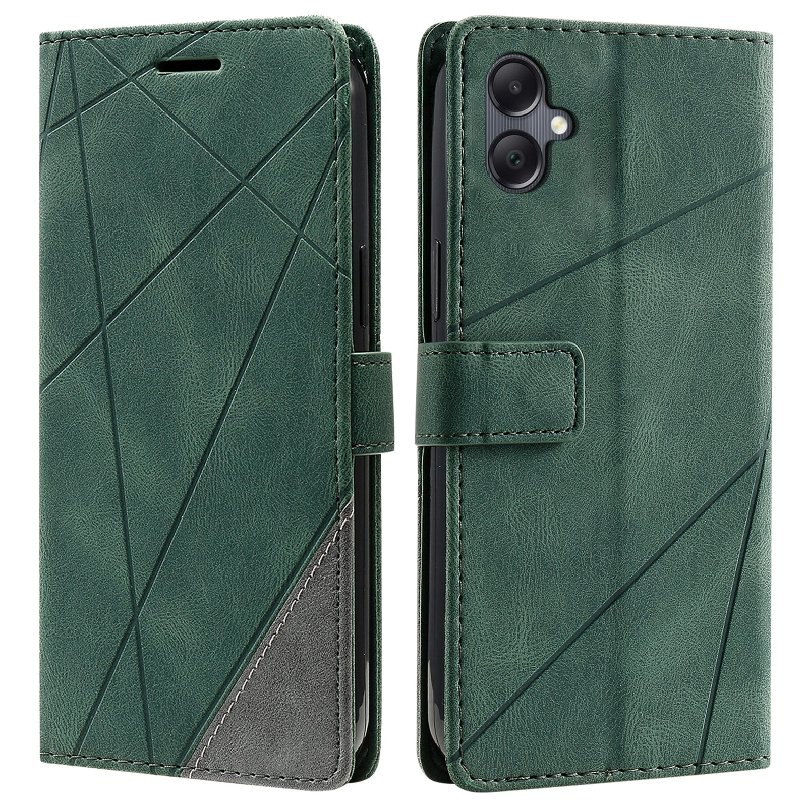 For Samsung Galaxy A06 Case Imprinted Lines PU Leather Splicing Wallet Phone Cover - Green