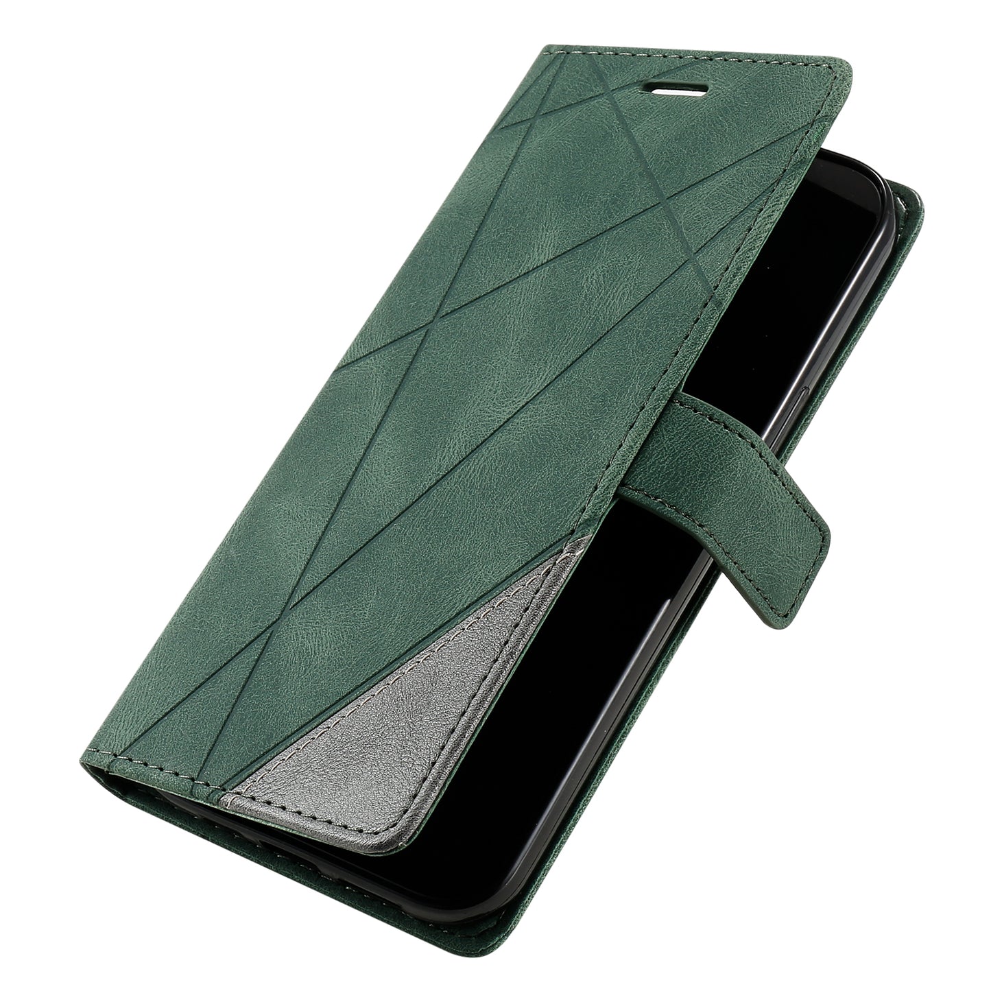 For Samsung Galaxy A06 Case Imprinted Lines PU Leather Splicing Wallet Phone Cover - Green