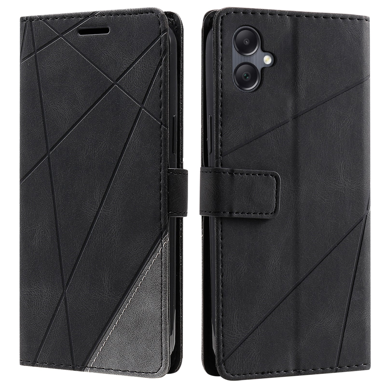 For Samsung Galaxy A06 Case Imprinted Lines PU Leather Splicing Wallet Phone Cover - Black
