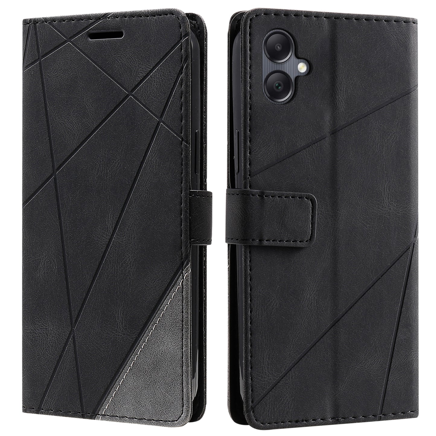 For Samsung Galaxy A06 Case Imprinted Lines PU Leather Splicing Wallet Phone Cover - Black