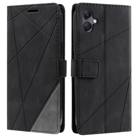 For Samsung Galaxy A06 Case Imprinted Lines PU Leather Splicing Wallet Phone Cover - Black