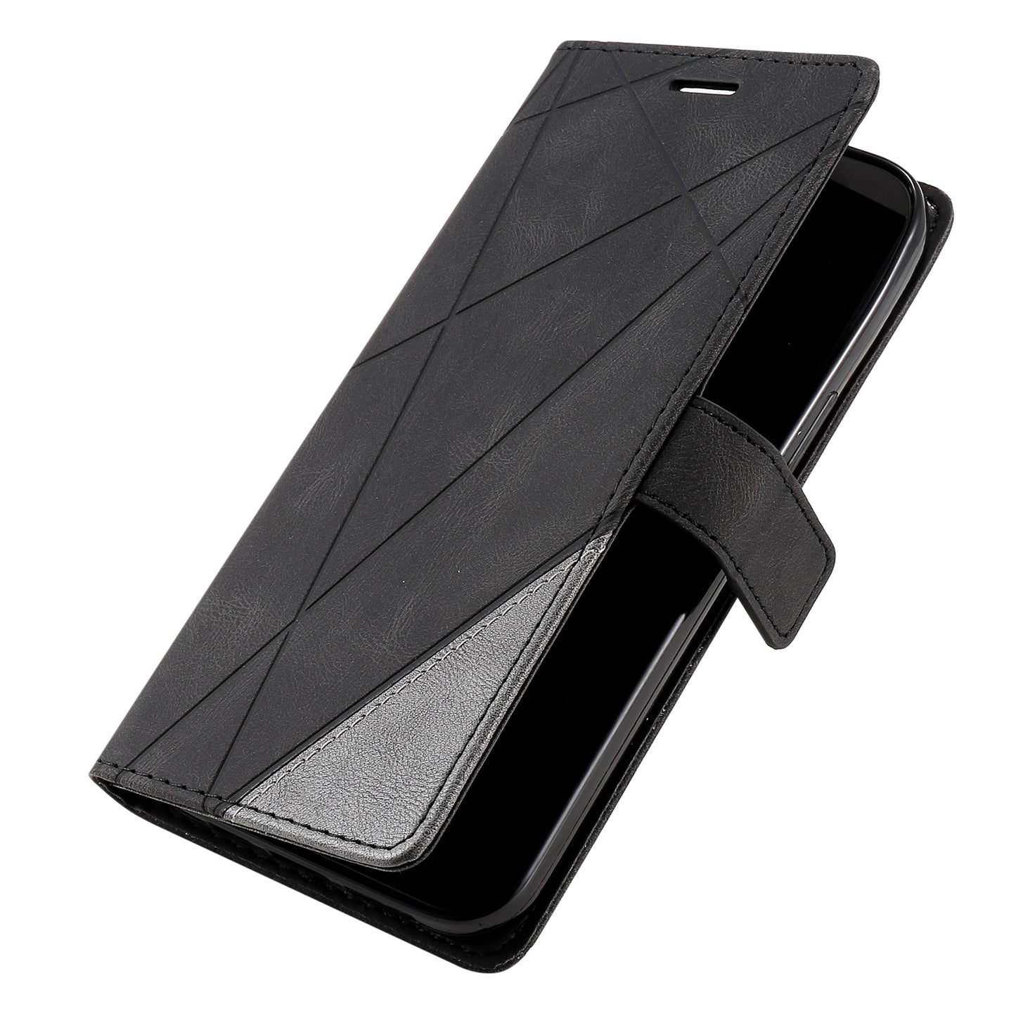 For Samsung Galaxy A06 Case Imprinted Lines PU Leather Splicing Wallet Phone Cover - Black
