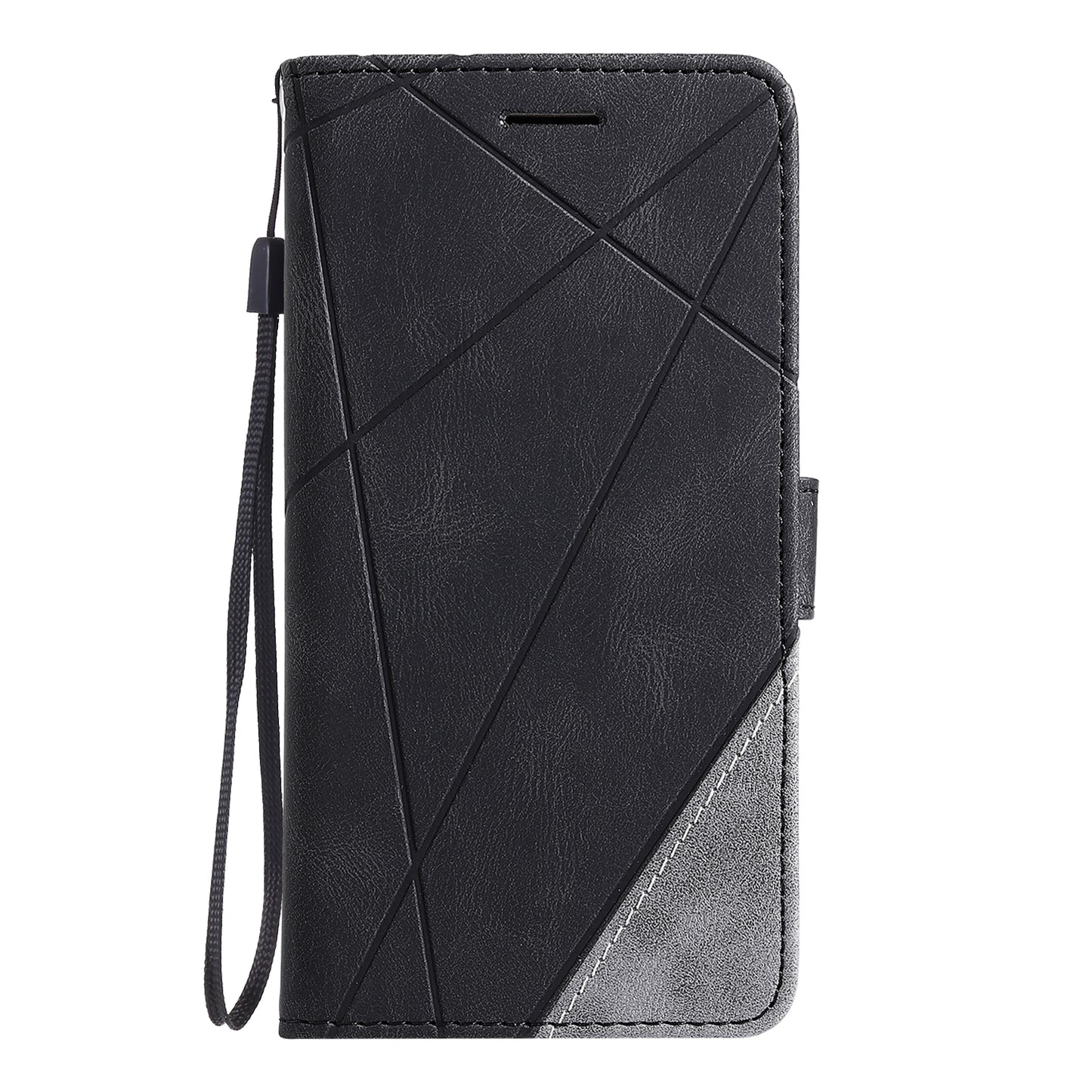 For Samsung Galaxy A06 Case Imprinted Lines PU Leather Splicing Wallet Phone Cover - Black