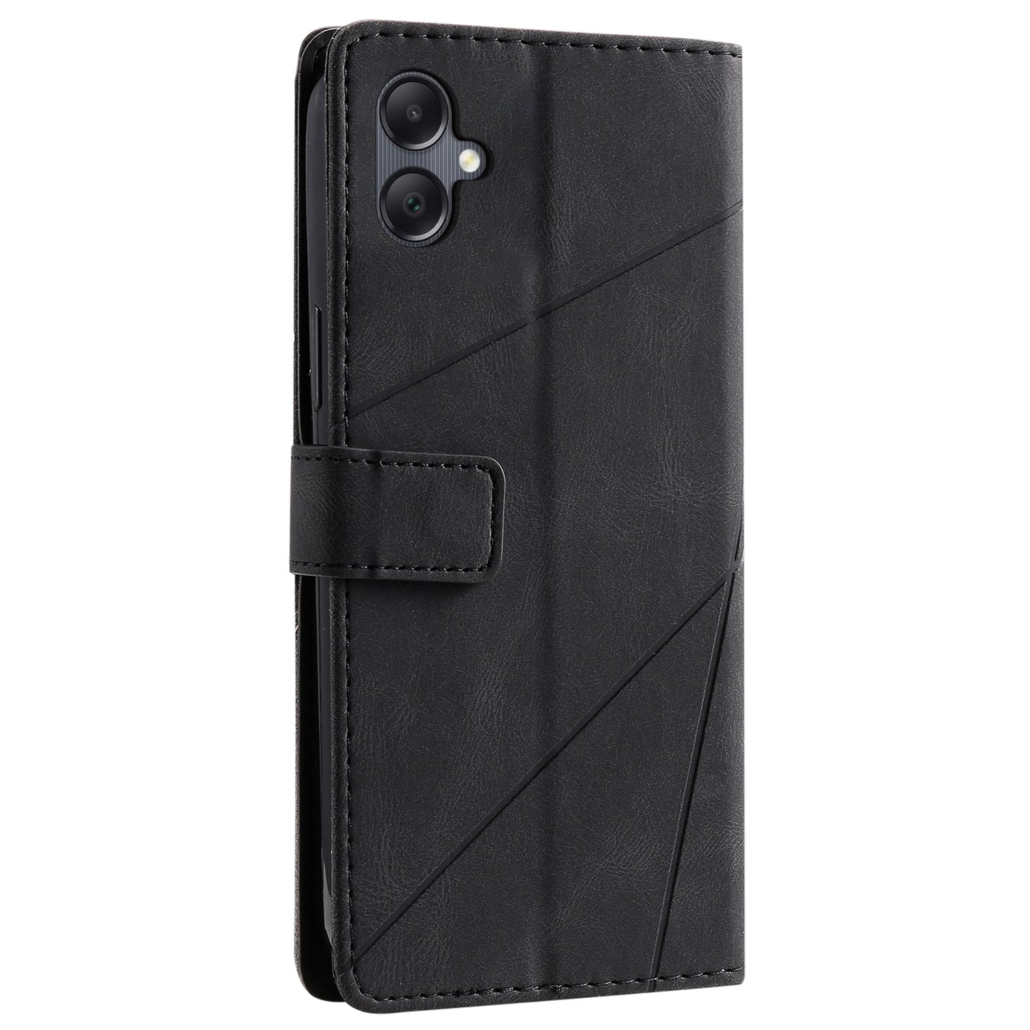 For Samsung Galaxy A06 Case Imprinted Lines PU Leather Splicing Wallet Phone Cover - Black