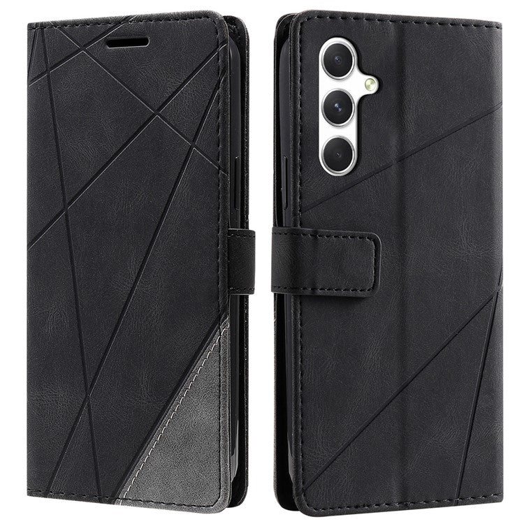 For Samsung Galaxy S25 Case Imprinted Lines PU Leather Splicing Wallet Phone Cover - Black