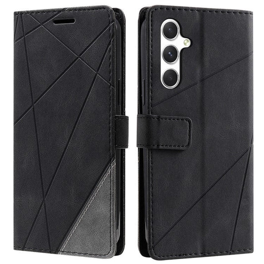 For Samsung Galaxy S25 Case Imprinted Lines PU Leather Splicing Wallet Phone Cover - Black