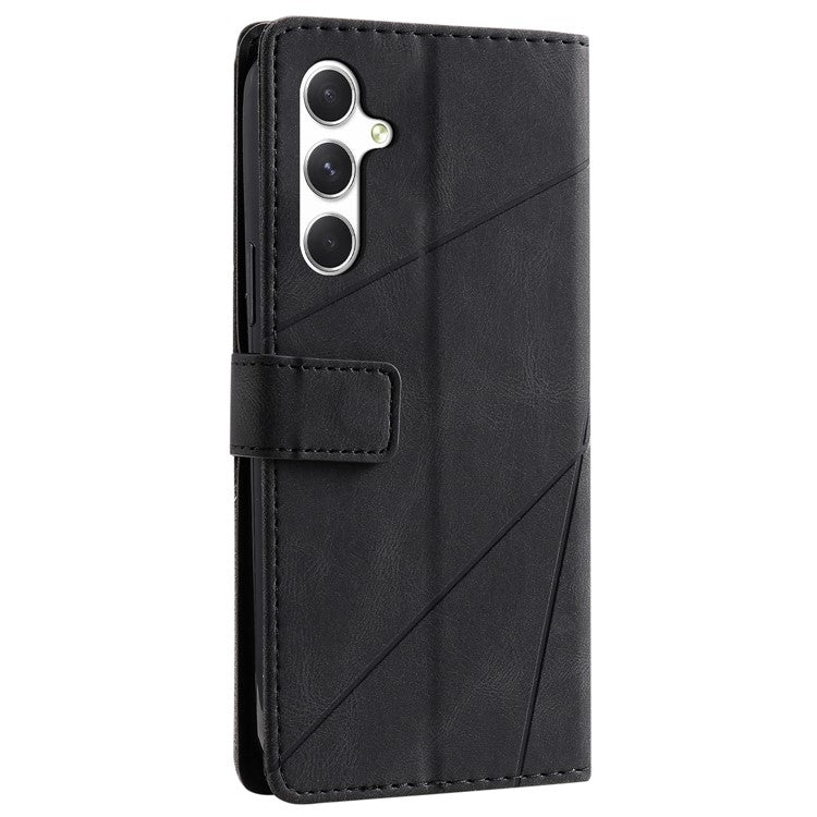 For Samsung Galaxy S25 Case Imprinted Lines PU Leather Splicing Wallet Phone Cover - Black