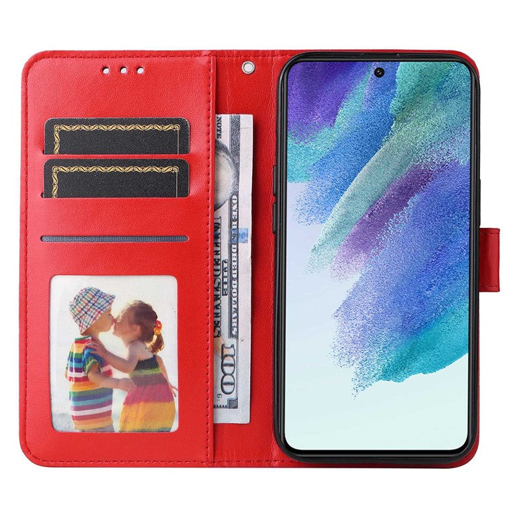 For Samsung Galaxy S21 FE 5G Sunflower Imprinted PU Leather Flip Wallet Case Stand Feature Magnetic Closure Phone Cover with Strap - Red