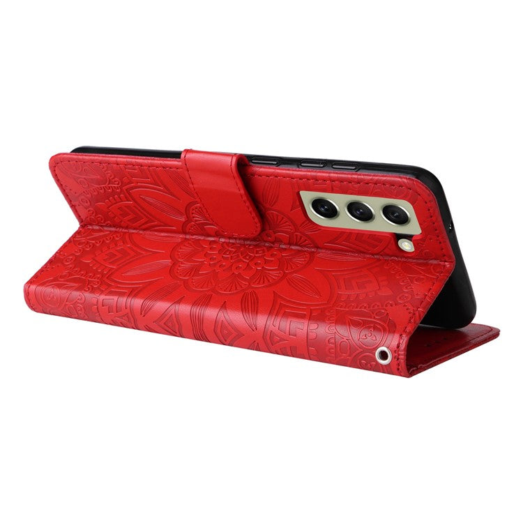 For Samsung Galaxy S21 FE 5G Sunflower Imprinted PU Leather Flip Wallet Case Stand Feature Magnetic Closure Phone Cover with Strap - Red