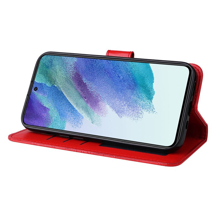 For Samsung Galaxy S21 FE 5G Sunflower Imprinted PU Leather Flip Wallet Case Stand Feature Magnetic Closure Phone Cover with Strap - Red