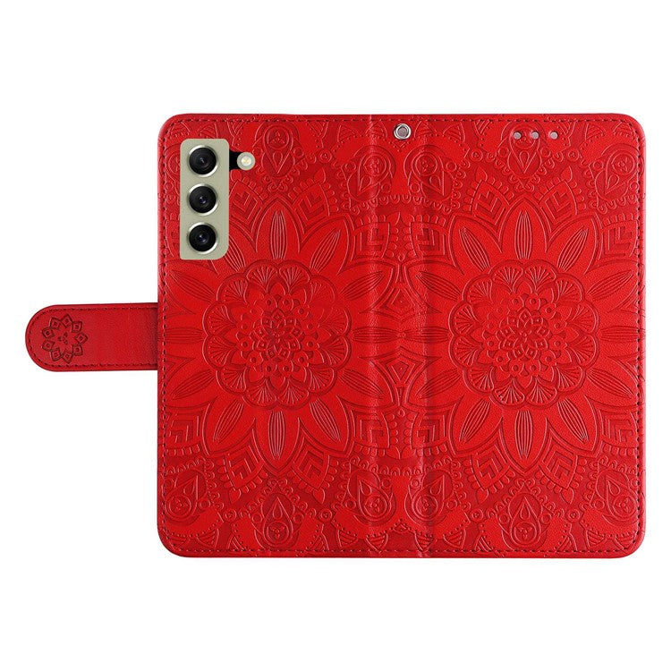 For Samsung Galaxy S21 FE 5G Sunflower Imprinted PU Leather Flip Wallet Case Stand Feature Magnetic Closure Phone Cover with Strap - Red