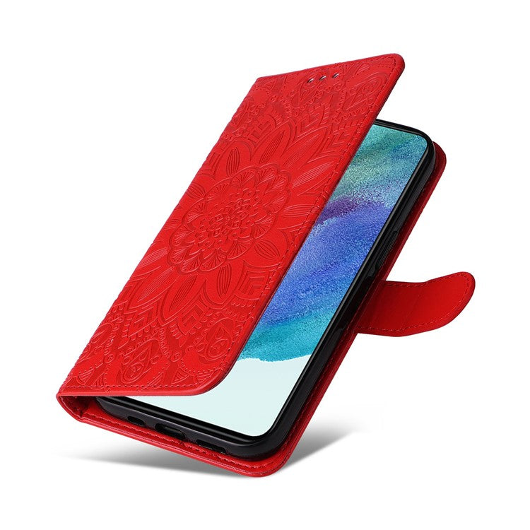 For Samsung Galaxy S21 FE 5G Sunflower Imprinted PU Leather Flip Wallet Case Stand Feature Magnetic Closure Phone Cover with Strap - Red
