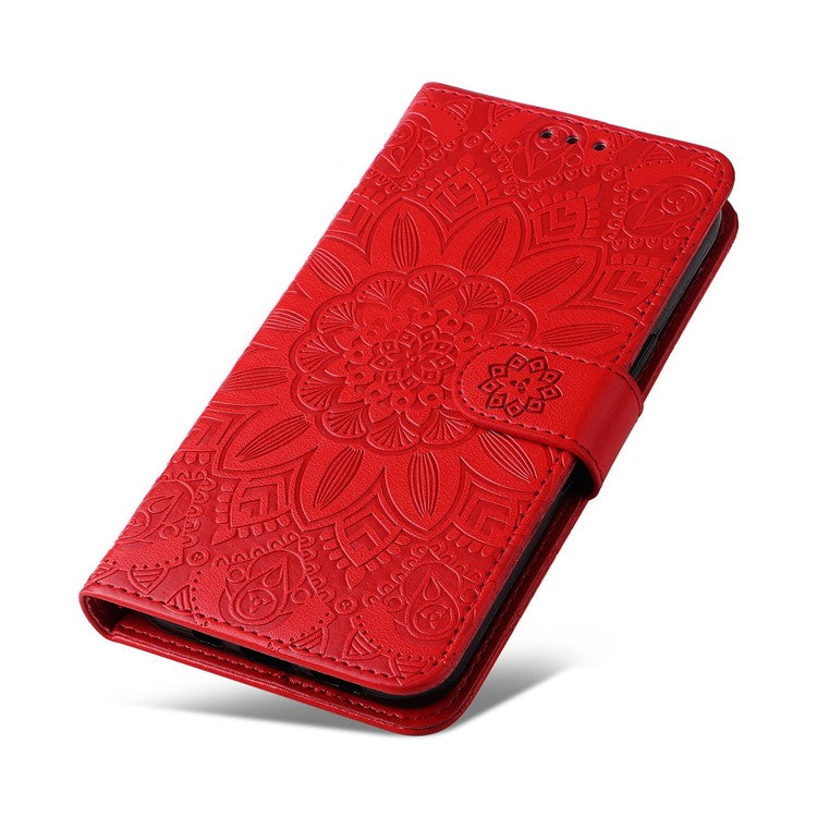 For Samsung Galaxy S21 FE 5G Sunflower Imprinted PU Leather Flip Wallet Case Stand Feature Magnetic Closure Phone Cover with Strap - Red