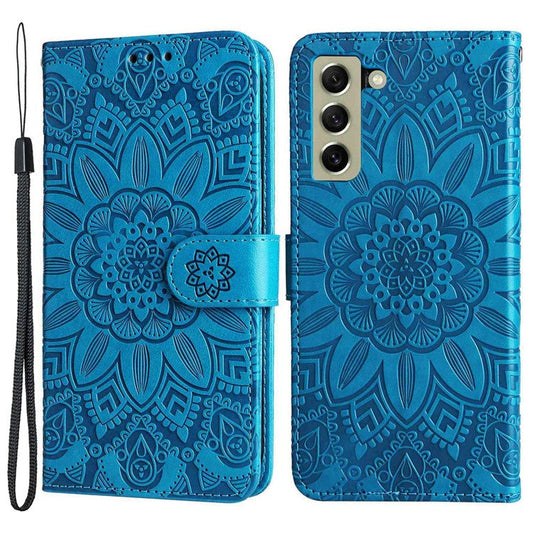 For Samsung Galaxy S21 FE 5G Sunflower Imprinted PU Leather Flip Wallet Case Stand Feature Magnetic Closure Phone Cover with Strap - Blue