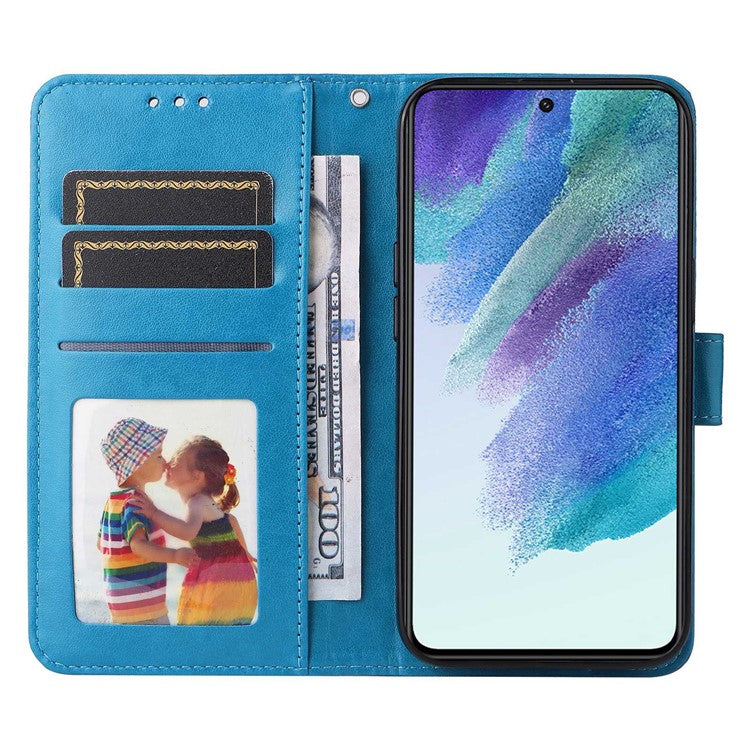 For Samsung Galaxy S21 FE 5G Sunflower Imprinted PU Leather Flip Wallet Case Stand Feature Magnetic Closure Phone Cover with Strap - Blue
