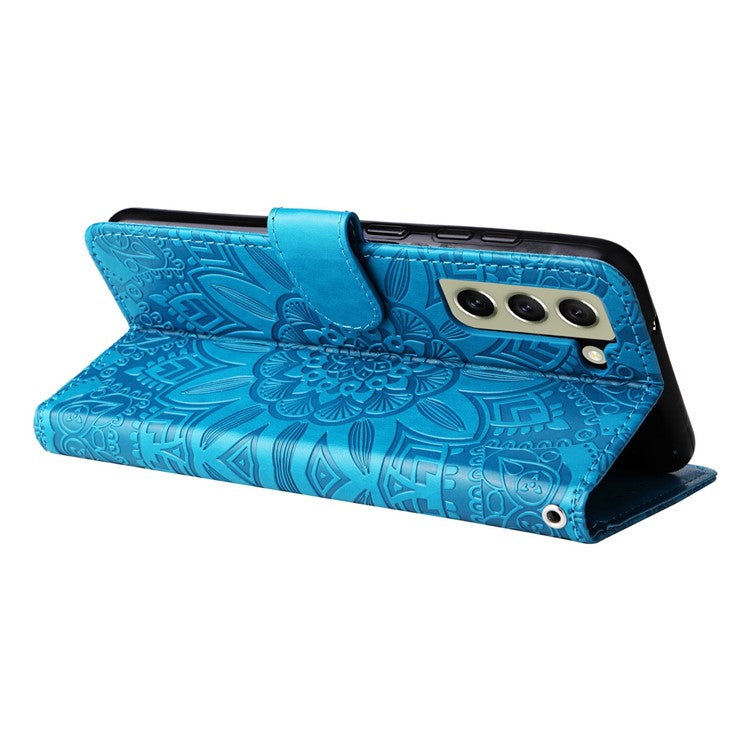For Samsung Galaxy S21 FE 5G Sunflower Imprinted PU Leather Flip Wallet Case Stand Feature Magnetic Closure Phone Cover with Strap - Blue