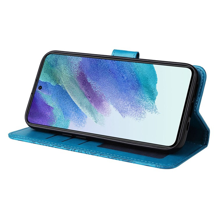 For Samsung Galaxy S21 FE 5G Sunflower Imprinted PU Leather Flip Wallet Case Stand Feature Magnetic Closure Phone Cover with Strap - Blue