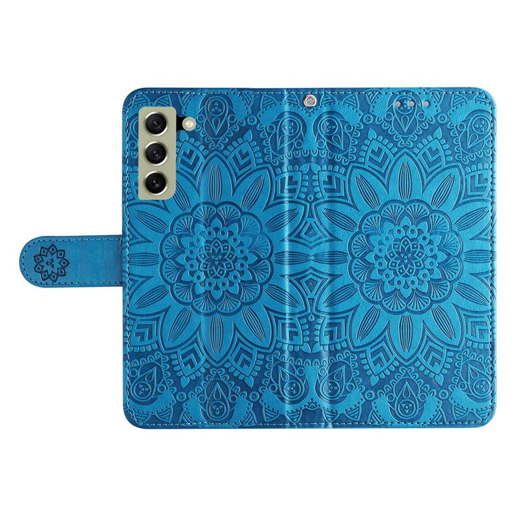 For Samsung Galaxy S21 FE 5G Sunflower Imprinted PU Leather Flip Wallet Case Stand Feature Magnetic Closure Phone Cover with Strap - Blue