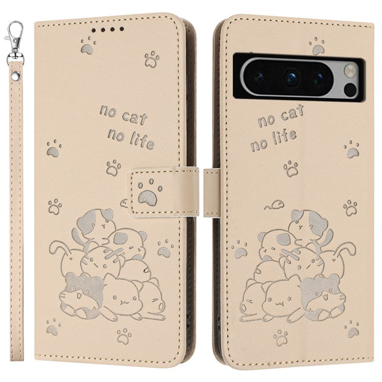 For Google Pixel 8 Pro Case with Strap Cats Imprint Leather Wallet Phone Cover - Beige