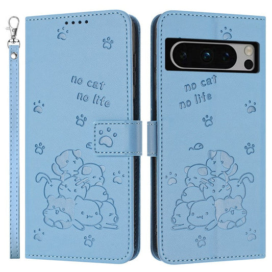 For Google Pixel 8 Pro Case with Strap Cats Imprint Leather Wallet Phone Cover - Blue