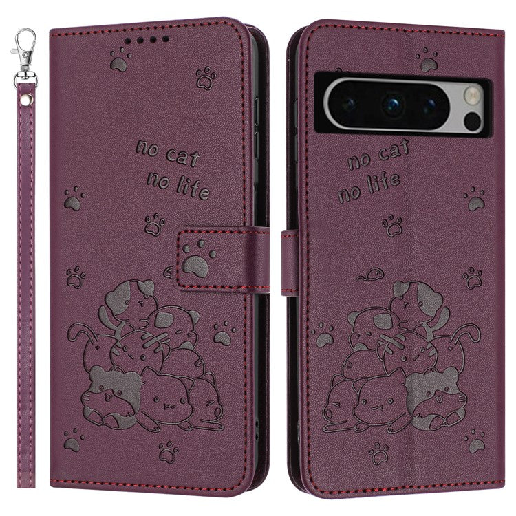 For Google Pixel 8 Pro Case with Strap Cats Imprint Leather Wallet Phone Cover - Wine Red