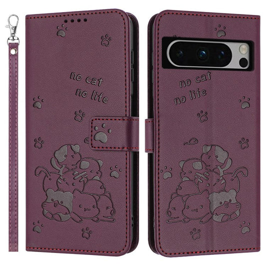 For Google Pixel 8 Pro Case with Strap Cats Imprint Leather Wallet Phone Cover - Wine Red