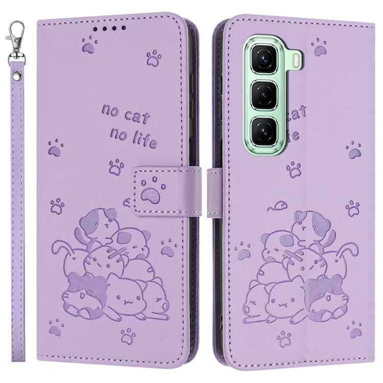 For Infinix Hot 50 5G Case with Strap Cats Imprint Leather Wallet Phone Cover - Purple