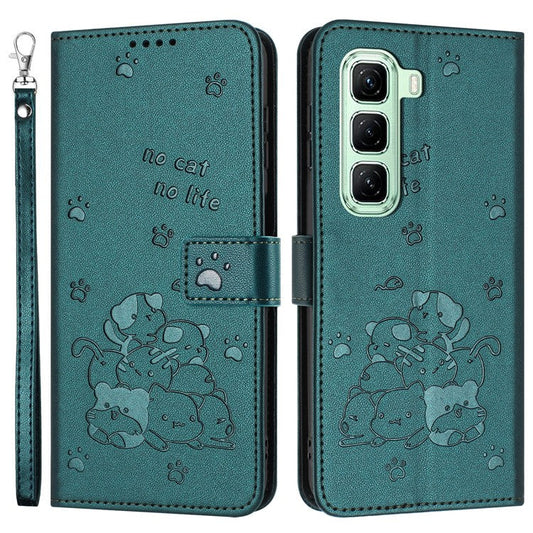 For Infinix Hot 50 5G Case with Strap Cats Imprint Leather Wallet Phone Cover - Blackish Green