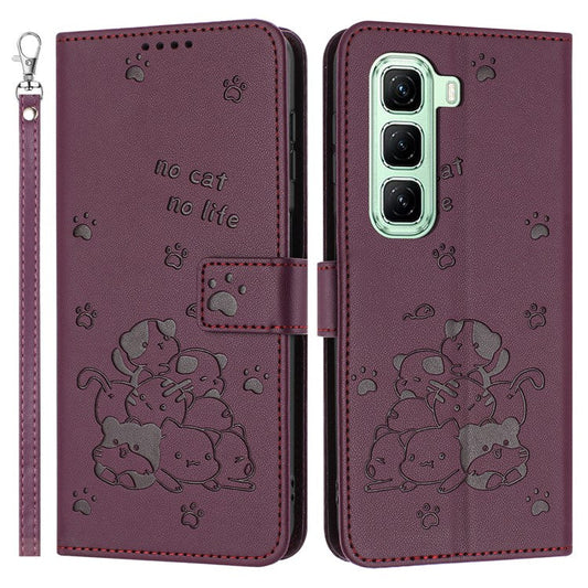 For Infinix Hot 50 5G Case with Strap Cats Imprint Leather Wallet Phone Cover - Wine Red