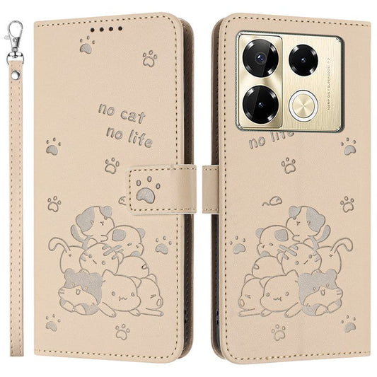 Wallet Phone Case For Infinix Note 40 Pro 4G  /  5G  /  40 Pro+ with Strap Cats Imprint Leather Cover - Beige