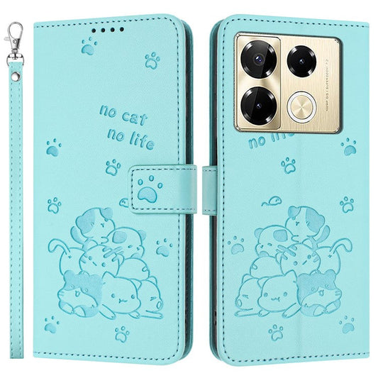 Wallet Phone Case For Infinix Note 40 Pro 4G  /  5G  /  40 Pro+ with Strap Cats Imprint Leather Cover - Green