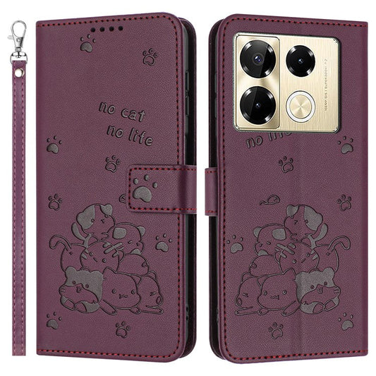 Wallet Phone Case For Infinix Note 40 Pro 4G  /  5G  /  40 Pro+ with Strap Cats Imprint Leather Cover - Wine Red