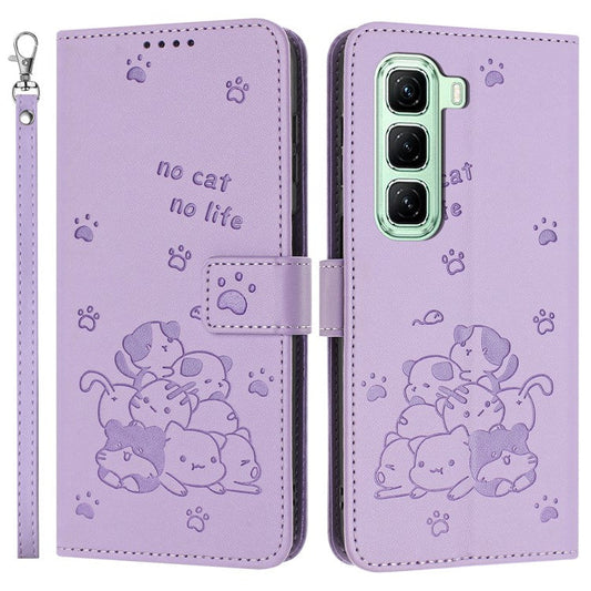 For Infinix Hot 50 4G Case with Strap Cats Imprint Leather Wallet Phone Cover - Purple