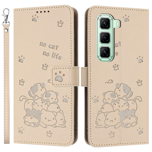 For Infinix Hot 50 4G Case with Strap Cats Imprint Leather Wallet Phone Cover - Beige