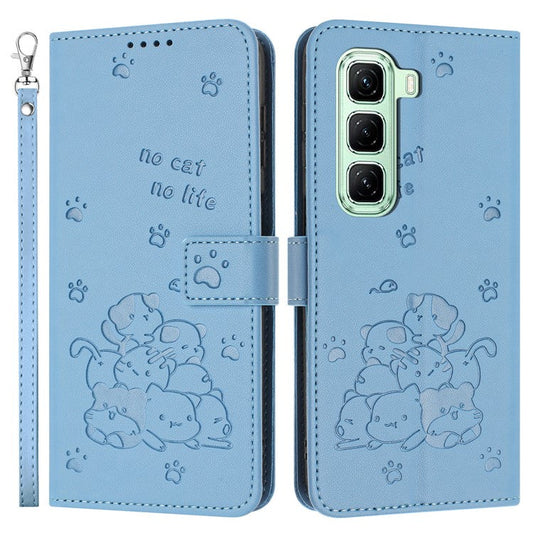 For Infinix Hot 50 4G Case with Strap Cats Imprint Leather Wallet Phone Cover - Blue