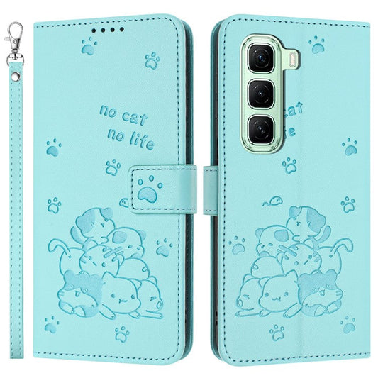For Infinix Hot 50 4G Case with Strap Cats Imprint Leather Wallet Phone Cover - Green