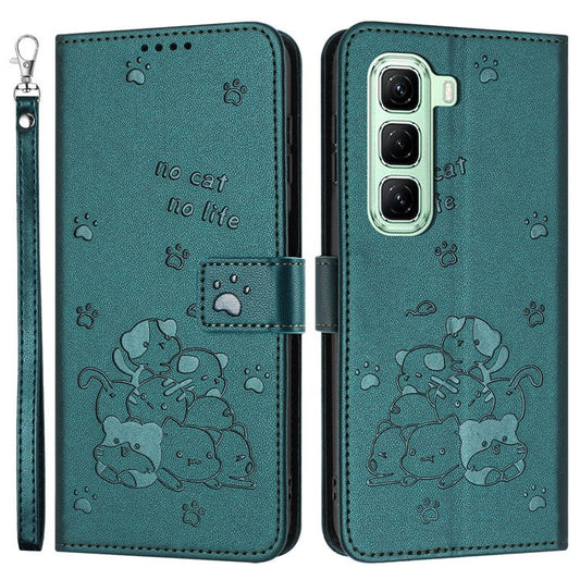 For Infinix Hot 50 4G Case with Strap Cats Imprint Leather Wallet Phone Cover - Blackish Green