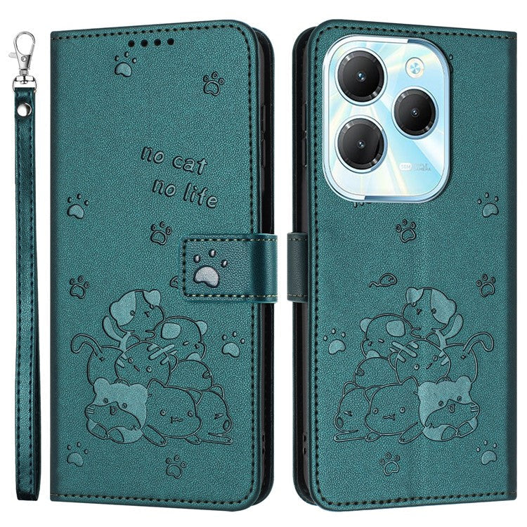 Phone Case For Infinix Hot 40 Pro  /  Hot 40  /  TECNO Spark 20 Pro with Strap Cats Imprint Leather Cover - Blackish Green