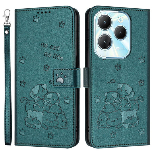 Phone Case For Infinix Hot 40 Pro  /  Hot 40  /  TECNO Spark 20 Pro with Strap Cats Imprint Leather Cover - Blackish Green