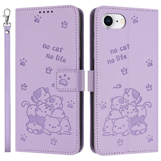 For iPhone 16e Case with Strap Cats Imprint Leather Wallet Phone Cover - Purple