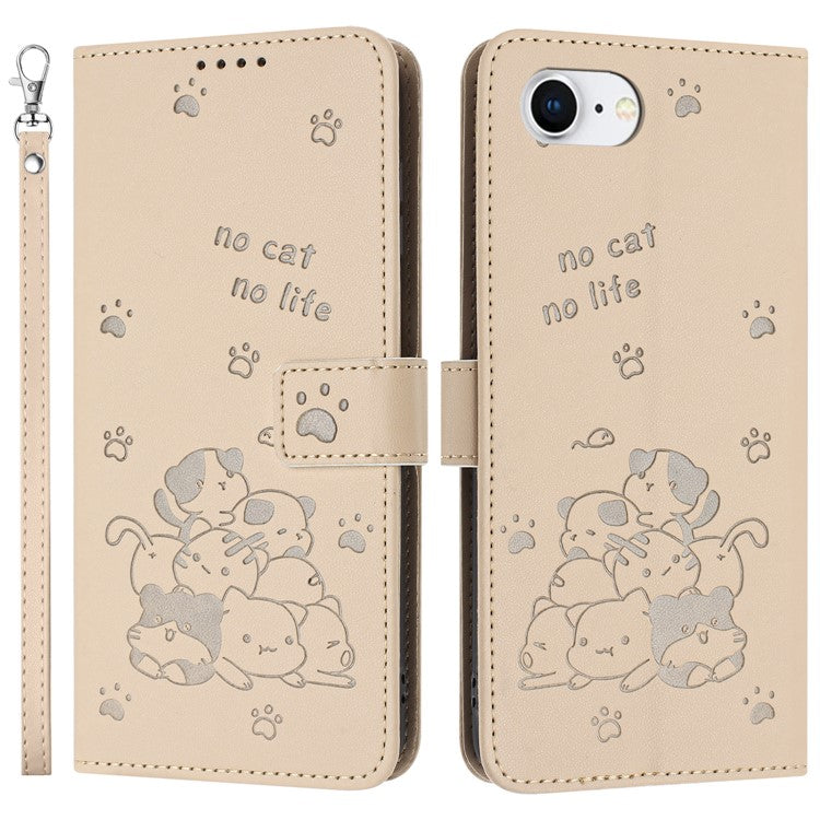 For iPhone SE (2025) Case with Strap Cats Imprint Leather Wallet Phone Cover - Beige