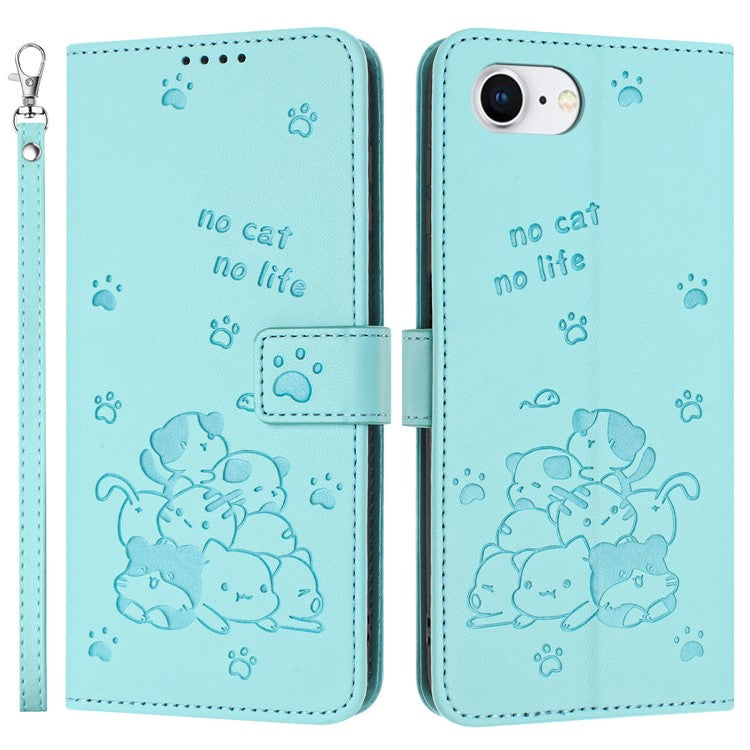 For iPhone 16e Case with Strap Cats Imprint Leather Wallet Phone Cover - Green