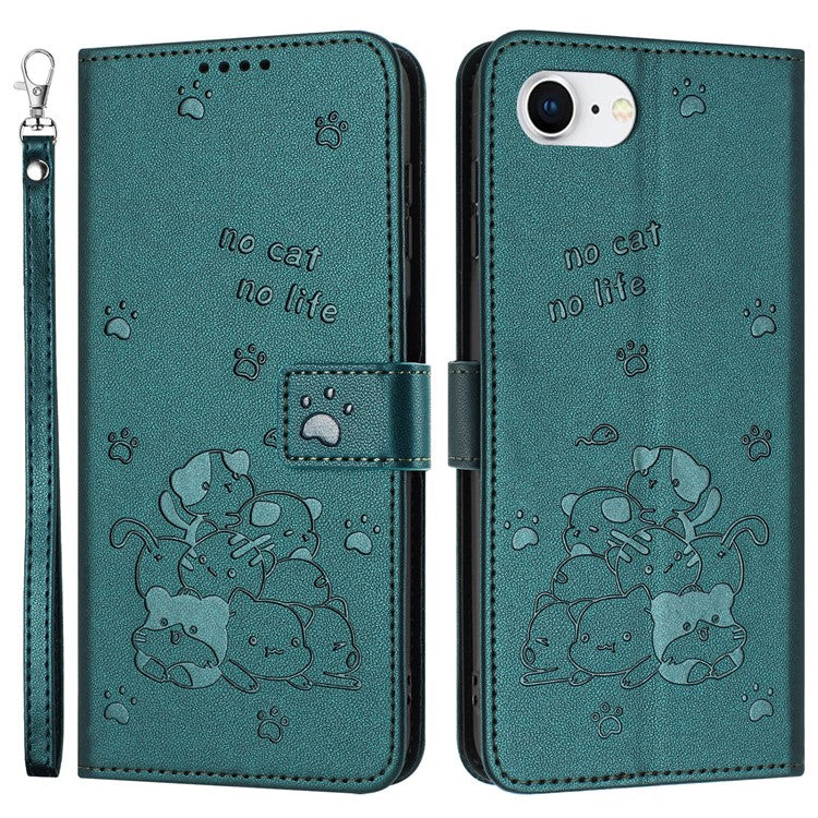 For iPhone 16e Case with Strap Cats Imprint Leather Wallet Phone Cover - Blackish Green