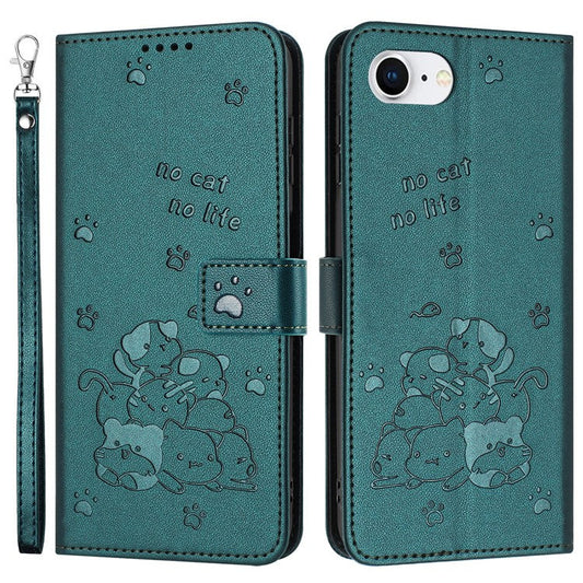 For iPhone 16e Case with Strap Cats Imprint Leather Wallet Phone Cover - Blackish Green