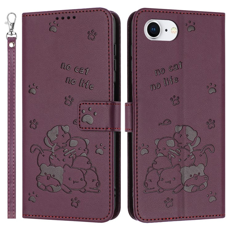 For iPhone 16e Case with Strap Cats Imprint Leather Wallet Phone Cover - Wine Red